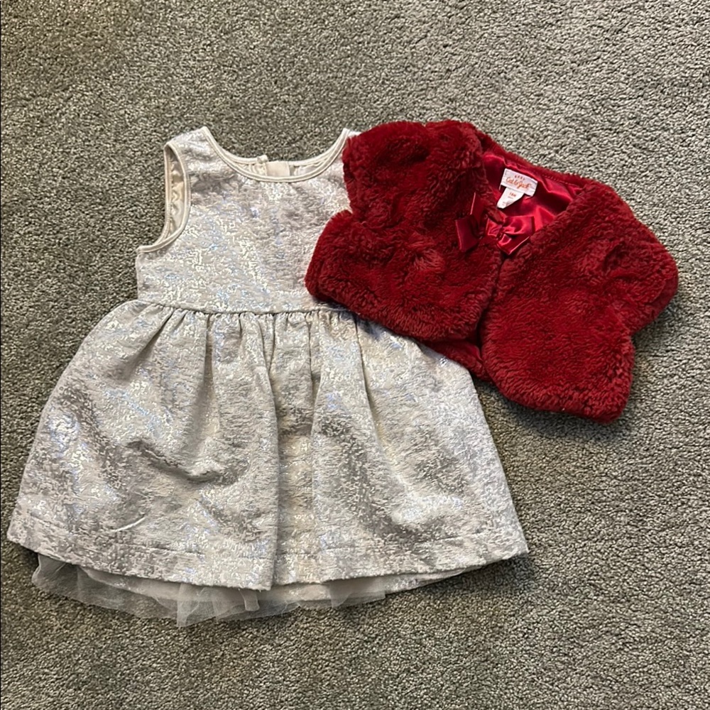 Silver Dress with Red Faux Fur Bolero